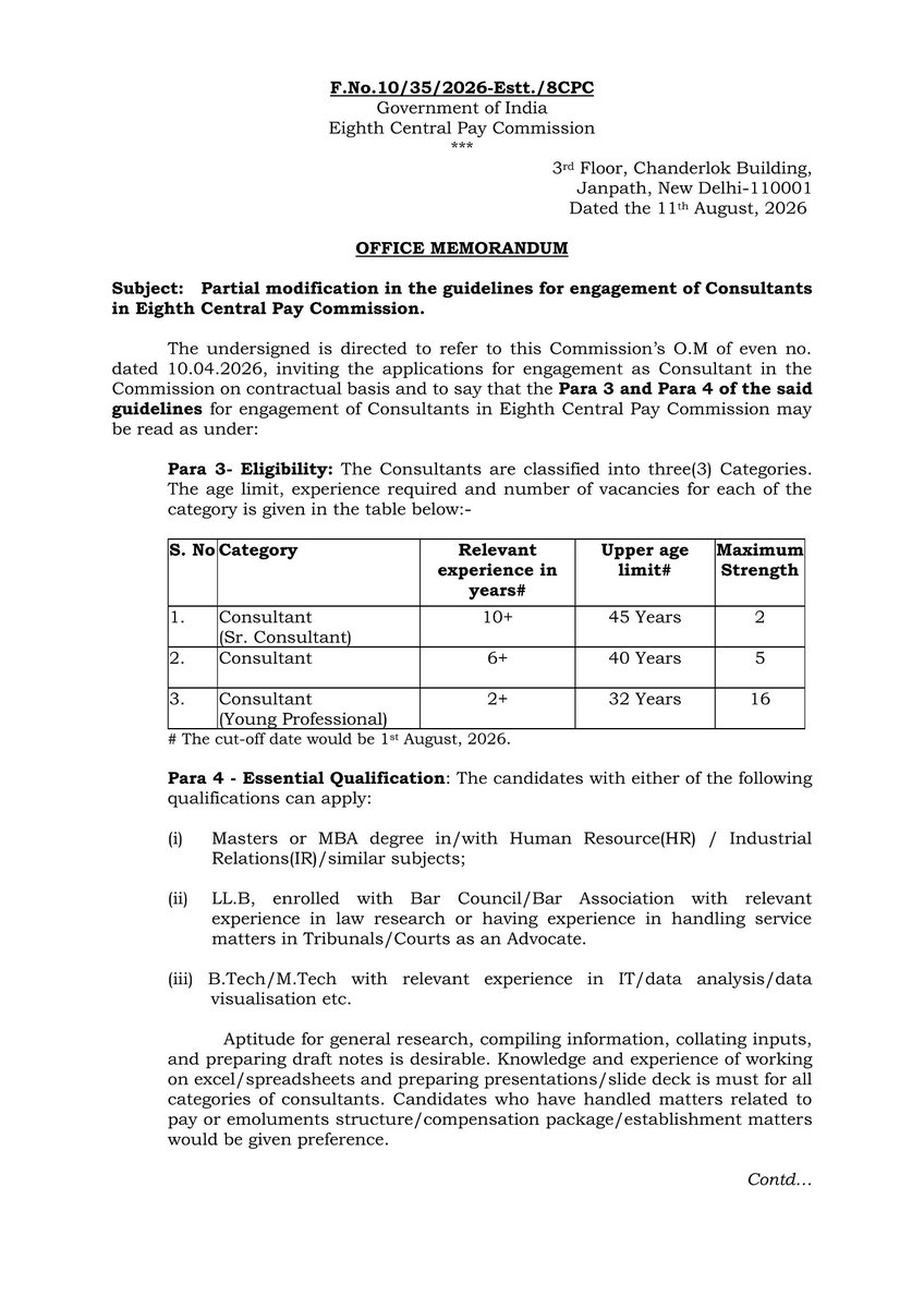 8thpaycommision's tweet photo. 8th CPC Update: The consultant engagement is continuing, with revised eligibility and age criteria now issued for Senior Consultants, Consultants and Young Professionals.  #8thPayCommission https://t.co/bEsxNPHBe0