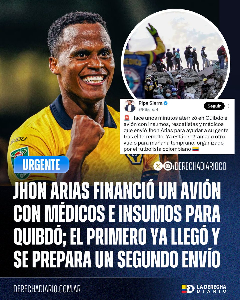 DerechaDiarioCO's tweet photo. 🚨🇨🇴 | TIPAZO: El futbolista de la Selección Colombia, Jhon Arias respondió a la tragedia en su natal Quibdó con ayuda concreta: Un primer avión con médicos e insumos ya aterrizó en la ciudad y un segundo está en camino para reforzar la atención a los damnificados.

“Hemos dispuesto de nuestros propios recursos un avión que estará aterrizando en Quibdó con profesionales del área de salud y cargado de insumos médicos.