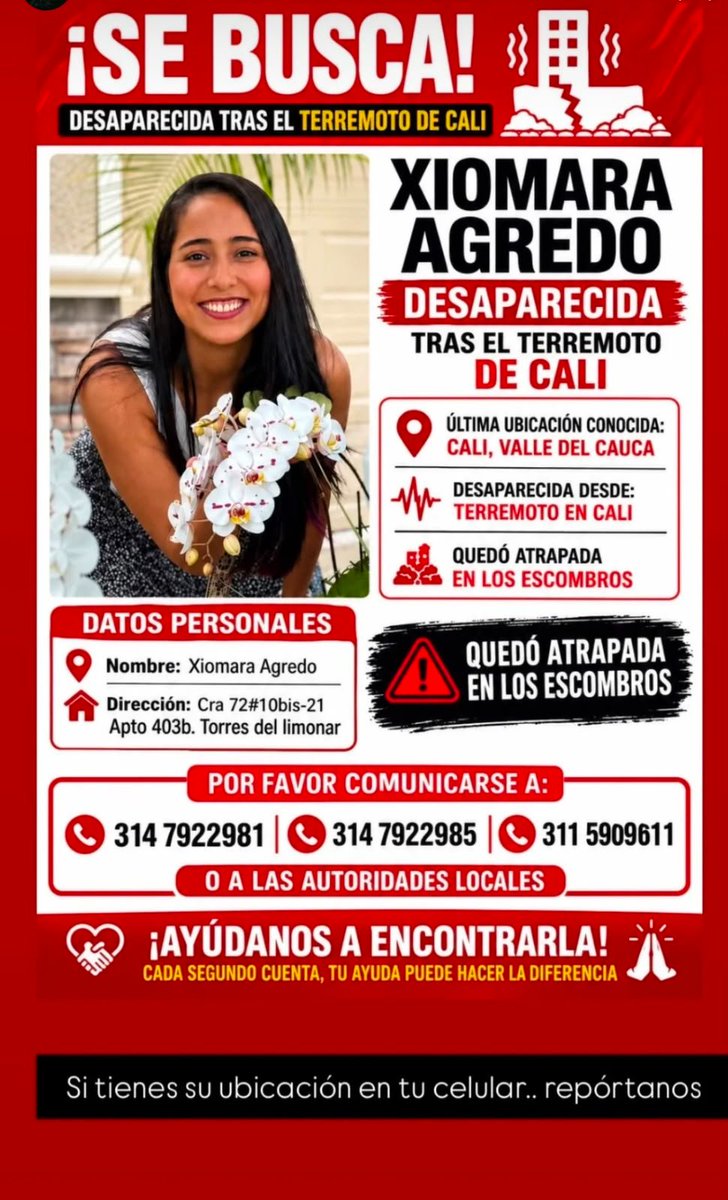 NoticiasRCN's tweet photo. #ServicioSocial | Buscan a Xiomara Agredo y a Cecilia Laguna, desaparecidas en Cali tras el terremoto. ⬇️ https://t.co/hrAD5IOv7W
