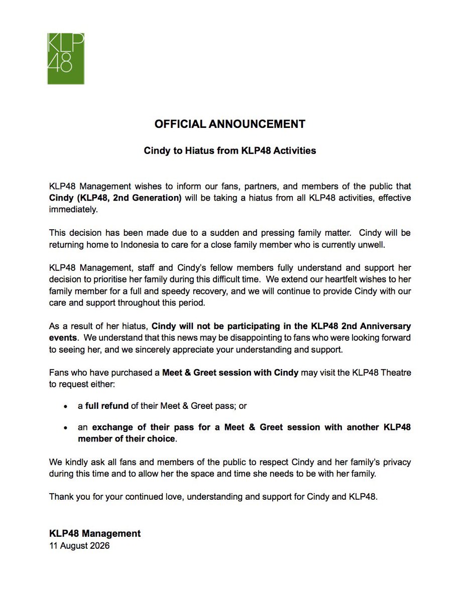 KLP48official's tweet photo. [Official Announcement Regarding Cindy Hiatus]

https://t.co/koqkFQ36YF https://t.co/50VmzB2rOp