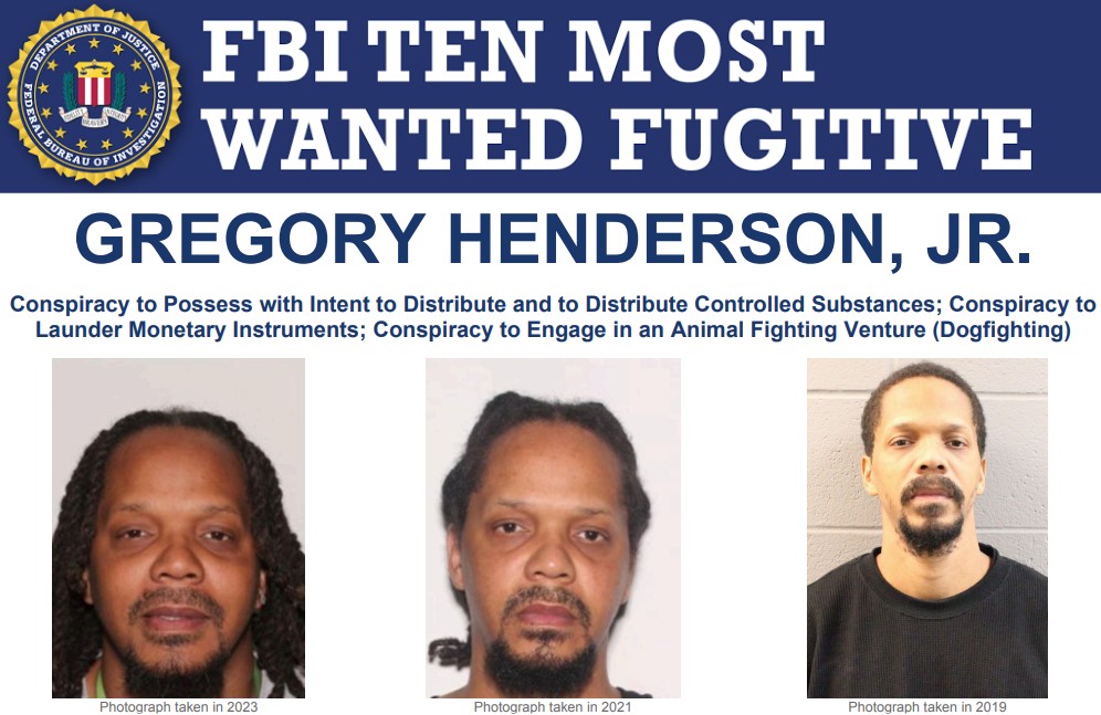 FBIMostWanted's tweet photo. The #FBI has added Gregory Henderson, Jr. to it's Ten Most Wanted Fugitives List.  He is #wanted for his alleged involvement in drug trafficking and animal fighting conspiracies as the alleged leader of a violent neighborhood-based gang located in Indianapolis, Indiana.  A reward of up to $1,000,000 is offered for information leading to his arrest: https://t.co/SqjwWr53JD