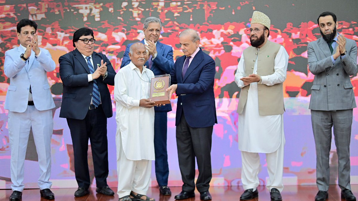 PakPMO's tweet photo. Prime Minister Muhammad Shehbaz Sharif presenting awards to the members of Religious Minorities of Pakistan who contributed  towards the sustained benefits of the society. Islamabad, 11 August 2026. https://t.co/LNvByA5JdF