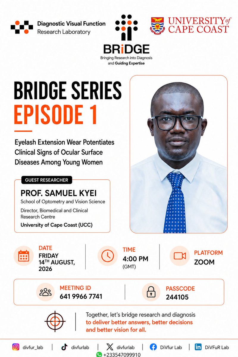 divfurlab's tweet photo. BRIDGE is here!

Join us for Episode 1 as we bring research, expertise, and diagnostic practice together through meaningful conversations with leading voices in vision science.
Our journey begins with Prof. Samuel Kyei. https://t.co/pXTEz22MtE