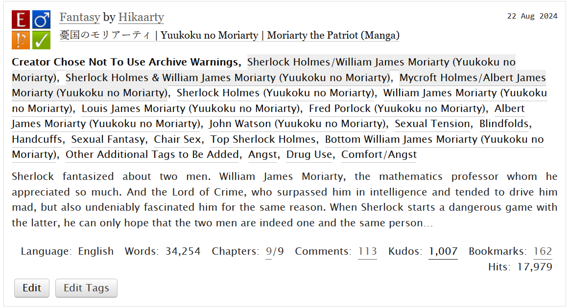 Hikaarty's tweet photo. My #sherliam fic Fantasy, translated with the help of .@_nikiforova_ , has reached 1,000 kudos on AO3! It’s insane to me! 😭
I’m so glad that so many readers like it 🥰 I hope you’ll like my other fics too! https://t.co/rWkcstyTjv