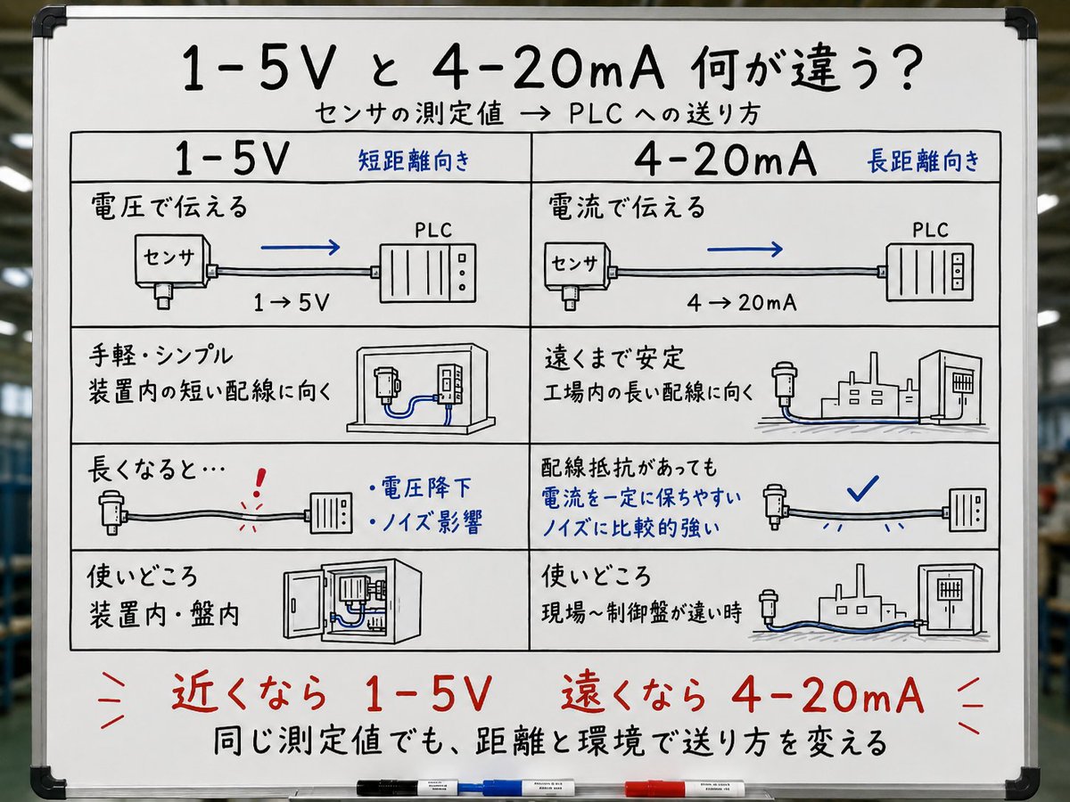 ryo_enjoy_life's tweet photo. 【技術説明シリーズ｜電圧伝送と電流伝送】

センサの測定値をPLCへ送る方法。

代表的なのが
「1-5V」と「4-20mA」。

どっちもアナログ信号だけど、何が違うのか。

ざっくり言えば、

1-5Vは「近距離が得意」
4-20mAは「長距離が得意」。

電圧伝送は仕組みがシンプルで扱いやすい。
でも配線が長くなると、電圧降下やノイズの影響を考える必要がある。

一方、電流伝送は配線抵抗が増えても、許容範囲なら流れる電流を一定に保てる。
ノイズにも比較的強い。

だから、

装置内の短い配線 → 1-5V
工場内を何十m、何百mと引き回す → 4-20mA

という使い分けがしやすい。

電圧は「手軽」。
電流は「遠くまで確実に」。

同じ測定値を送るだけでも、
工場では距離と環境で送り方を変えている。