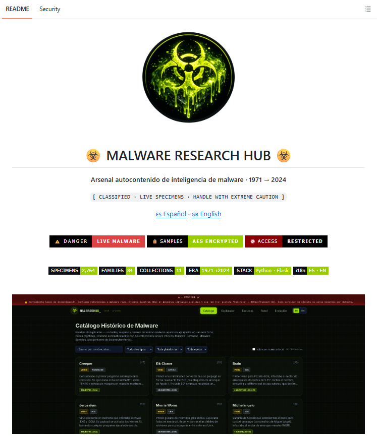 _guillecasaus's tweet photo. 🚨 Acaban de liberar una de las mayores bases de datos de malware en GitHub.

Se llama Malware Research Hub y contiene miles de muestras recopiladas durante más de 50 años para que investigadores y profesionales de ciberseguridad puedan analizarlas en entornos controlados.

Esto es lo que incluye:

→ 2.699 muestras de malware de diferentes épocas
→ Especímenes de familias como Stuxnet y LockBit
→ Un catálogo forense con 80 familias documentadas
→ Herramientas para investigadores y analistas de seguridad
→ Muestras aisladas y cifradas para reducir el riesgo de ejecución accidental

Lo más importante:

No estamos hablando de simulaciones ni ejemplos creados para un curso.

El repositorio contiene malware real y debe tratarse únicamente en laboratorios aislados y siguiendo estrictamente sus reglas de contención.

Es un recurso orientado al análisis, investigación y formación práctica en ciberseguridad.

Repo 👇