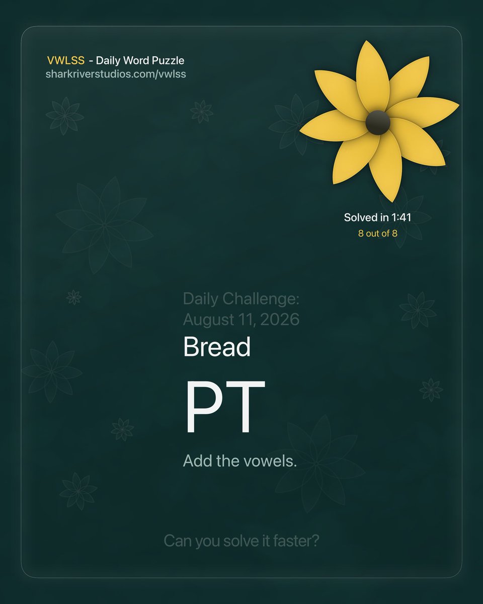 jaywardell's tweet photo. Here's how I did on today's VWLSS challenge:

VWLSS • Aug 11
🌼🌼🌼🌼🌼🌼🌼🌼
1:40
Bread

Play it here: https://t.co/8lxJcjrwk0 https://t.co/ss8i88Qx63
