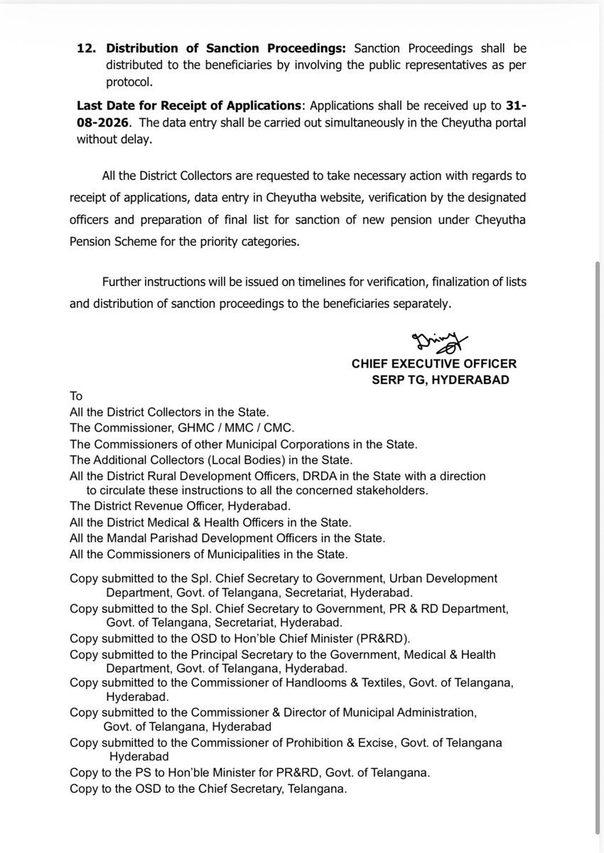 JacobBhoompag's tweet photo. Applications Invited for New Aasara Pensions

No change in eligibility criteria
New pensions to be sanctioned as per existing guidelines
Applications accepted until August 31

The Telangana Government has initiated steps to sanction new pensions under the Cheyutha Social Security Pension Scheme, with the objective of providing social security to eligible poor and vulnerable sections of society.

In the first phase, new pensions will be sanctioned to single women, widows, persons with disabilities, toddy tappers, handloom workers, filariasis patients, and persons suffering from blood-related disorders such as thalassemia, sickle cell disease and haemophilia.

There is no change in the eligibility criteria for sanctioning new pensions. The present government is following the eligibility criteria prescribed in the Government Orders issued by previous governments. Eligibility will be assessed in accordance with the provisions contained in the relevant Government Orders issued between 2014 and 2018.

Applications already received during the Praja Palana programmes, 99-day progress plan Gram Sabhas and Prajavani will also be considered. Those who had applied earlier and submitted all the required documents need not apply again. However, those who had not submitted the required documents, as well as eligible persons who have not applied so far, can submit fresh applications.

District Collectors will take steps to obtain the necessary certificates from the concerned departments for verification of eligibility. Widows will require the husband’s death certificate, while single women will require a separation certificate or a report based on local inquiry. Toddy tappers will require certification from the Excise Department, handloom workers certification from the Handlooms and Textiles Department, and filariasis patients certification from the Medical and Health Department.

After scrutiny of the applications, the designated officials will conduct field-level verification of eligibility. The list of eligible beneficiaries will subsequently be forwarded to the district level, following which the pension sanction process will be completed with the approval of the District Collector.

With the objective of ensuring that every eligible person receives the benefit of the scheme, responsibilities have also been assigned to federations of Self-Help Groups (SHGs). They have been specifically instructed to assist every eligible widow and single woman in submitting applications and obtaining the necessary certificates.

Applications for new pensions will be accepted up to August 31, 2026. The process of entering the application details on the Cheyutha portal will also be taken up immediately.

The government has made it clear that the process should be completed transparently and strictly in accordance with the prescribed rules so that every eligible person receives the benefits of government schemes.

By continuing the existing eligibility criteria and expediting the process, the government aims to ensure social security for all eligible beneficiaries.