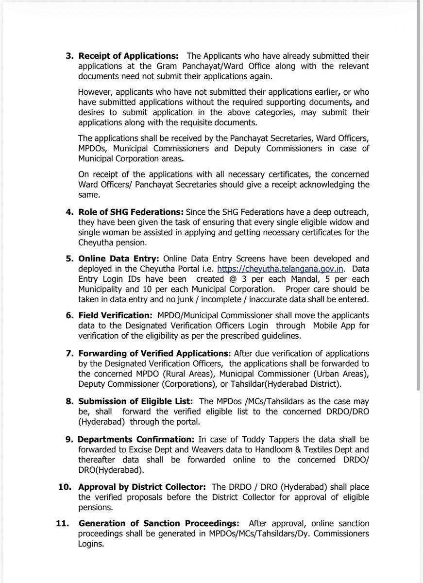 JacobBhoompag's tweet photo. Applications Invited for New Aasara Pensions

No change in eligibility criteria
New pensions to be sanctioned as per existing guidelines
Applications accepted until August 31

The Telangana Government has initiated steps to sanction new pensions under the Cheyutha Social Security Pension Scheme, with the objective of providing social security to eligible poor and vulnerable sections of society.

In the first phase, new pensions will be sanctioned to single women, widows, persons with disabilities, toddy tappers, handloom workers, filariasis patients, and persons suffering from blood-related disorders such as thalassemia, sickle cell disease and haemophilia.

There is no change in the eligibility criteria for sanctioning new pensions. The present government is following the eligibility criteria prescribed in the Government Orders issued by previous governments. Eligibility will be assessed in accordance with the provisions contained in the relevant Government Orders issued between 2014 and 2018.

Applications already received during the Praja Palana programmes, 99-day progress plan Gram Sabhas and Prajavani will also be considered. Those who had applied earlier and submitted all the required documents need not apply again. However, those who had not submitted the required documents, as well as eligible persons who have not applied so far, can submit fresh applications.

District Collectors will take steps to obtain the necessary certificates from the concerned departments for verification of eligibility. Widows will require the husband’s death certificate, while single women will require a separation certificate or a report based on local inquiry. Toddy tappers will require certification from the Excise Department, handloom workers certification from the Handlooms and Textiles Department, and filariasis patients certification from the Medical and Health Department.

After scrutiny of the applications, the designated officials will conduct field-level verification of eligibility. The list of eligible beneficiaries will subsequently be forwarded to the district level, following which the pension sanction process will be completed with the approval of the District Collector.

With the objective of ensuring that every eligible person receives the benefit of the scheme, responsibilities have also been assigned to federations of Self-Help Groups (SHGs). They have been specifically instructed to assist every eligible widow and single woman in submitting applications and obtaining the necessary certificates.

Applications for new pensions will be accepted up to August 31, 2026. The process of entering the application details on the Cheyutha portal will also be taken up immediately.

The government has made it clear that the process should be completed transparently and strictly in accordance with the prescribed rules so that every eligible person receives the benefits of government schemes.

By continuing the existing eligibility criteria and expediting the process, the government aims to ensure social security for all eligible beneficiaries.