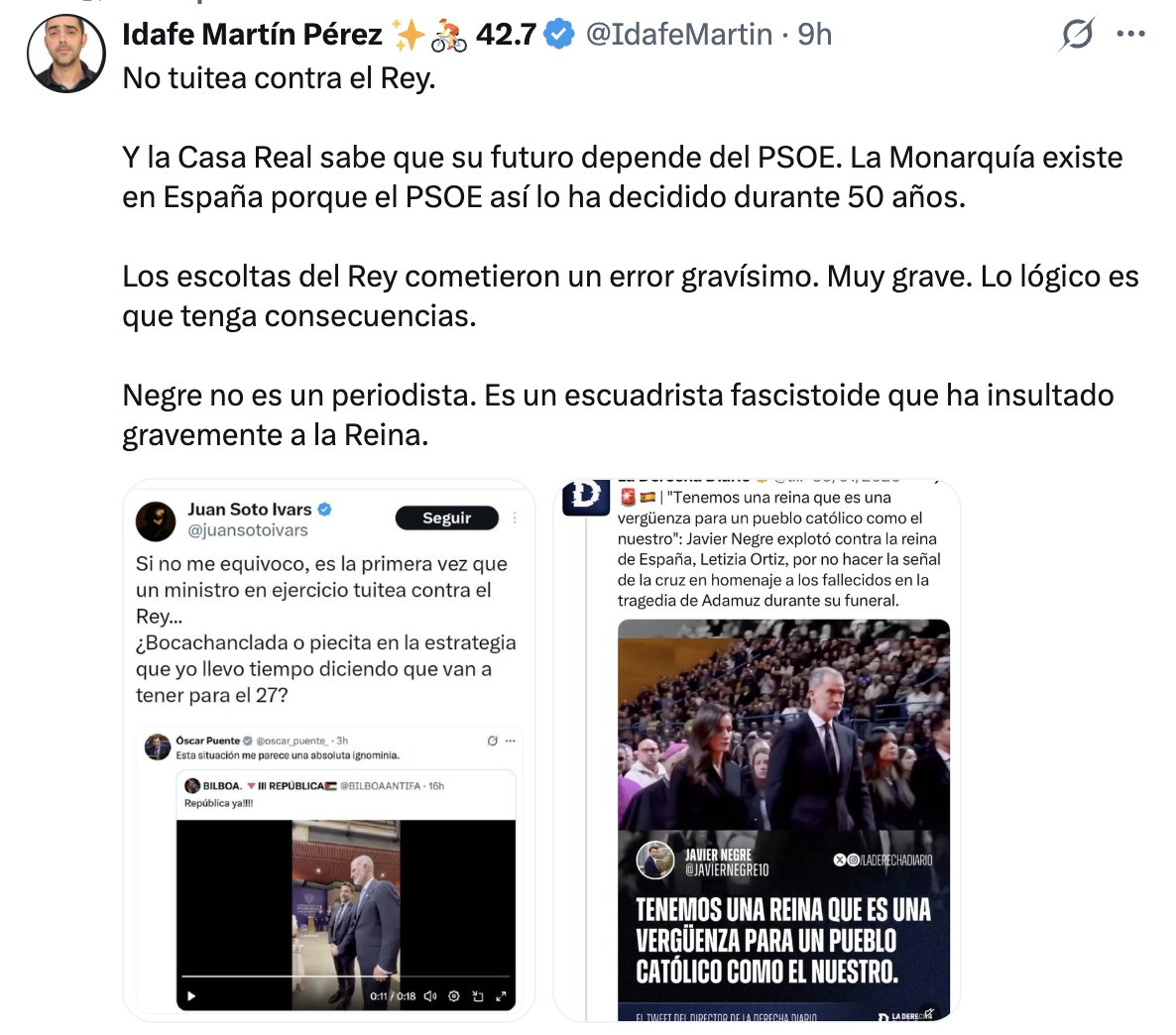 juansotoivars's tweet photo. El argumentario "la Casa Real sabe que su futuro depende del PSOE" se lo oí precisamente a Puente en una charla que tuvo con Iglesias y Santaolalla, donde Iglesias habló de instaurar una república plurinacional para "salvar del fascismo" (es decir, de la justicia) al PSOE.
Ergo van los tiros por ahí.
Claro que Puente tuitea contra el Rey. E Idafe tuitea lo que el PSOE le dice que tuitee.