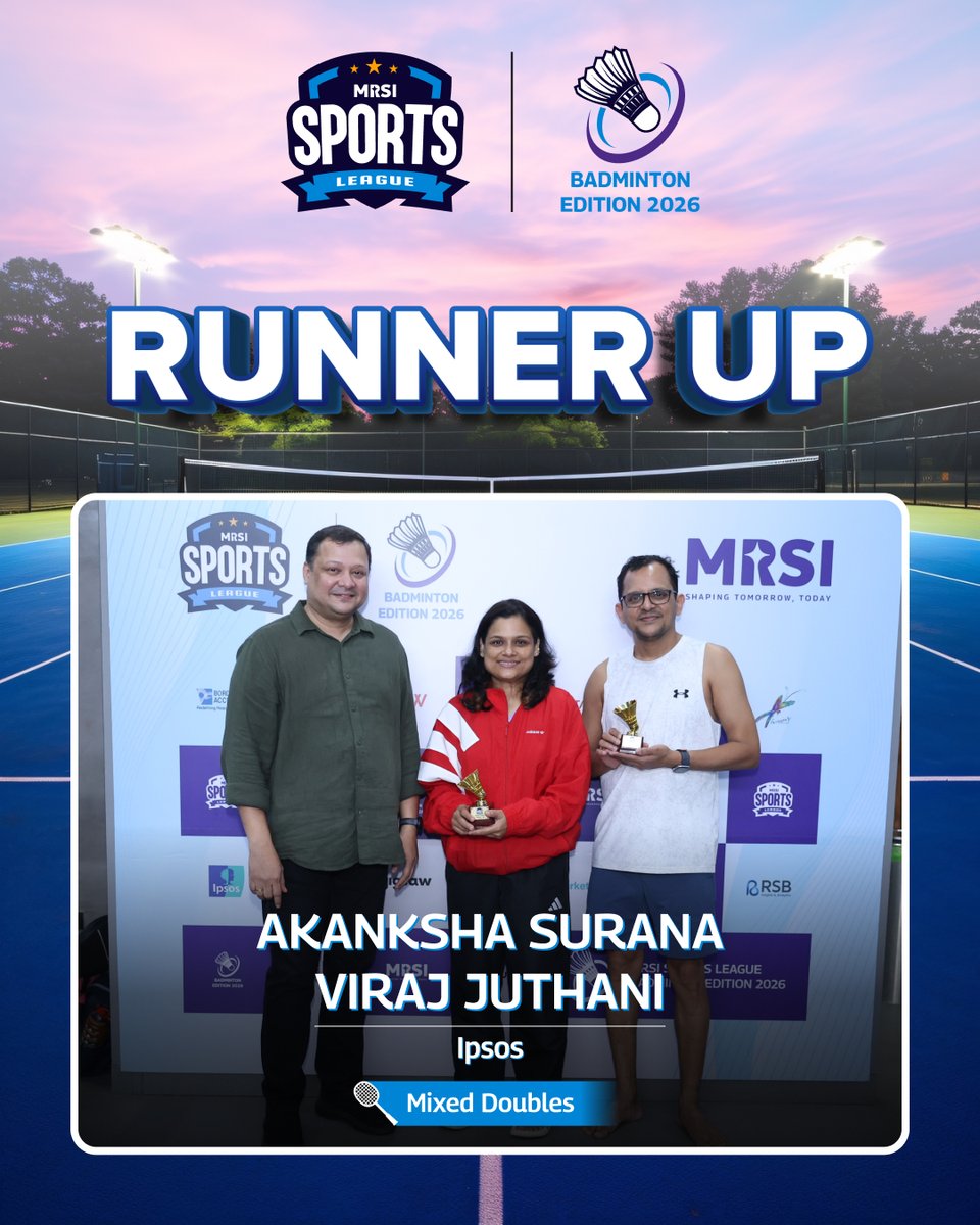 TheMRSI's tweet photo. A fantastic run on the court! 🏸
Congratulations to Akanksha Surana &amp; Viraj Juthani from Ipsos on a spirited performance at the MRSI Sports League – Badminton Edition 2026. https://t.co/eUX6TitTsW