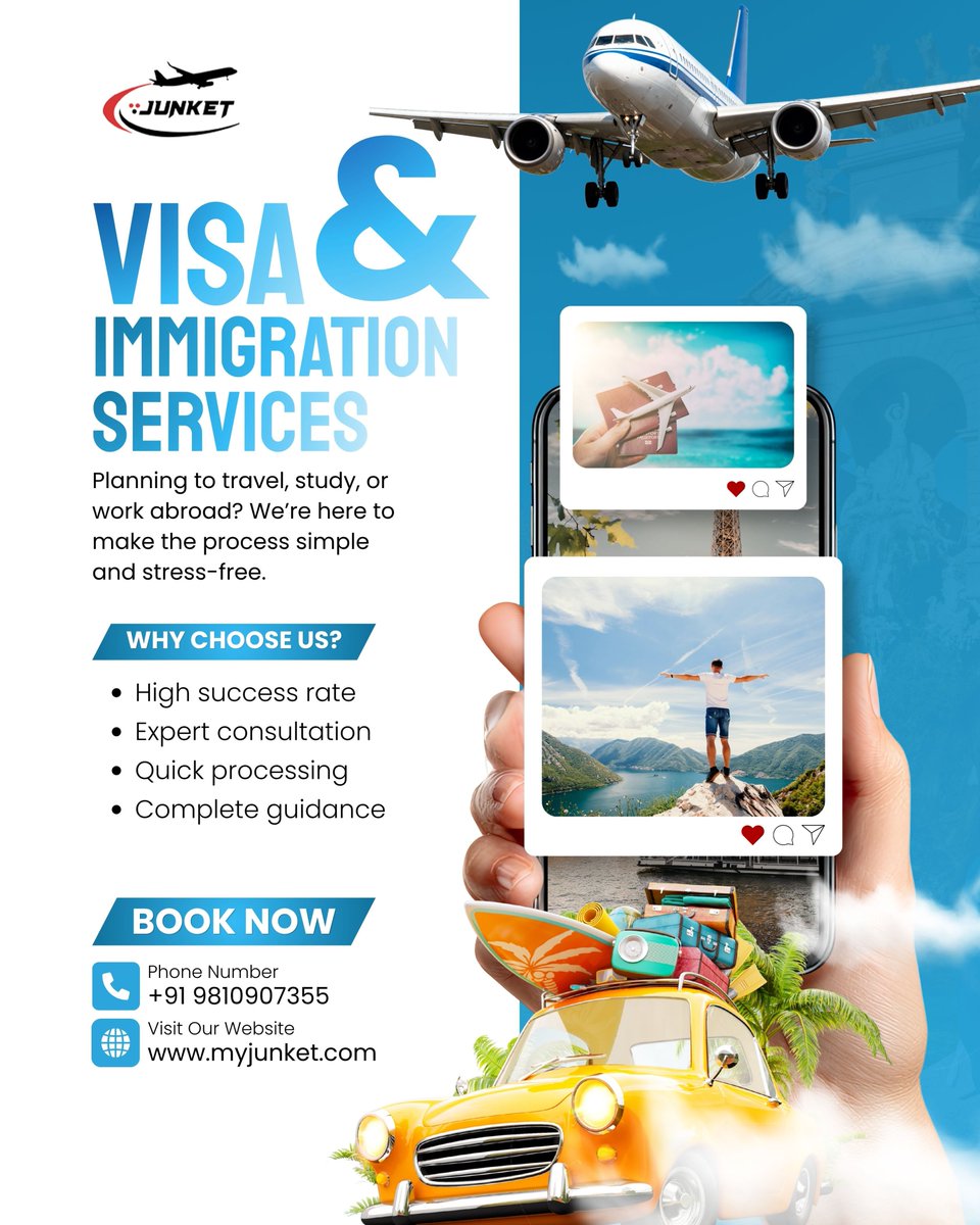 MyJunket's tweet photo. My Junket ✈️
Planning to travel, study, or work abroad? Let My Junket make your visa & immigration journey simpler and stress-free. From expert consultation to complete guidance, we’re here to support your global dreams. 🌎
📩 Start your journey today!
#MyJunket #VisaServices https://t.co/Tw5MCMWl8e