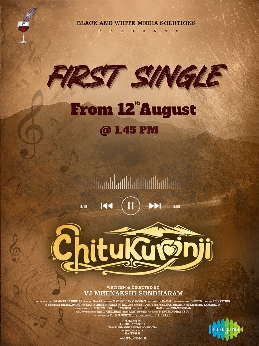 saregamasouth's tweet photo. Get Ready To Feel The First Melody Of #Chitukurinji! β€οΈ
First Single Out On Aug 12th at 1.45pm !π΅
πΆ @thisismaara_
@bwmsofficial @actorrajith @deepshikhaoffi @vjmsundharam #DajudeAnanth #KulandhaiveluN #FrancisRajkumar #EditorMahendran #SheanLCleford #DinaMaster #KuKarthik #RiazKahmed #ParasRiazAhmed #DhandapaniBaskaran #TonyJAntony #GuruvelKarthik #MuthuKumaraSamy #GRAzhaguSelva #TheK #AkashBJArtist #Harivardhani #KollywoodSignatures #RJMohamedRafiMeerran #EnPeyarBhakthee #ShreenidhiFocus #TamilChezhan