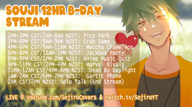 SojiroYT's tweet photo. I'll be doing my first 12 HOUR STREAM to celebrate my birthday! 🎉🎉🎉 

The stream is scheduled for Aug. 11 2PM CST-2AM CST and we will be featuring a bunch of guests throughout each part of the day! See you there!! https://t.co/AliskOVxlr