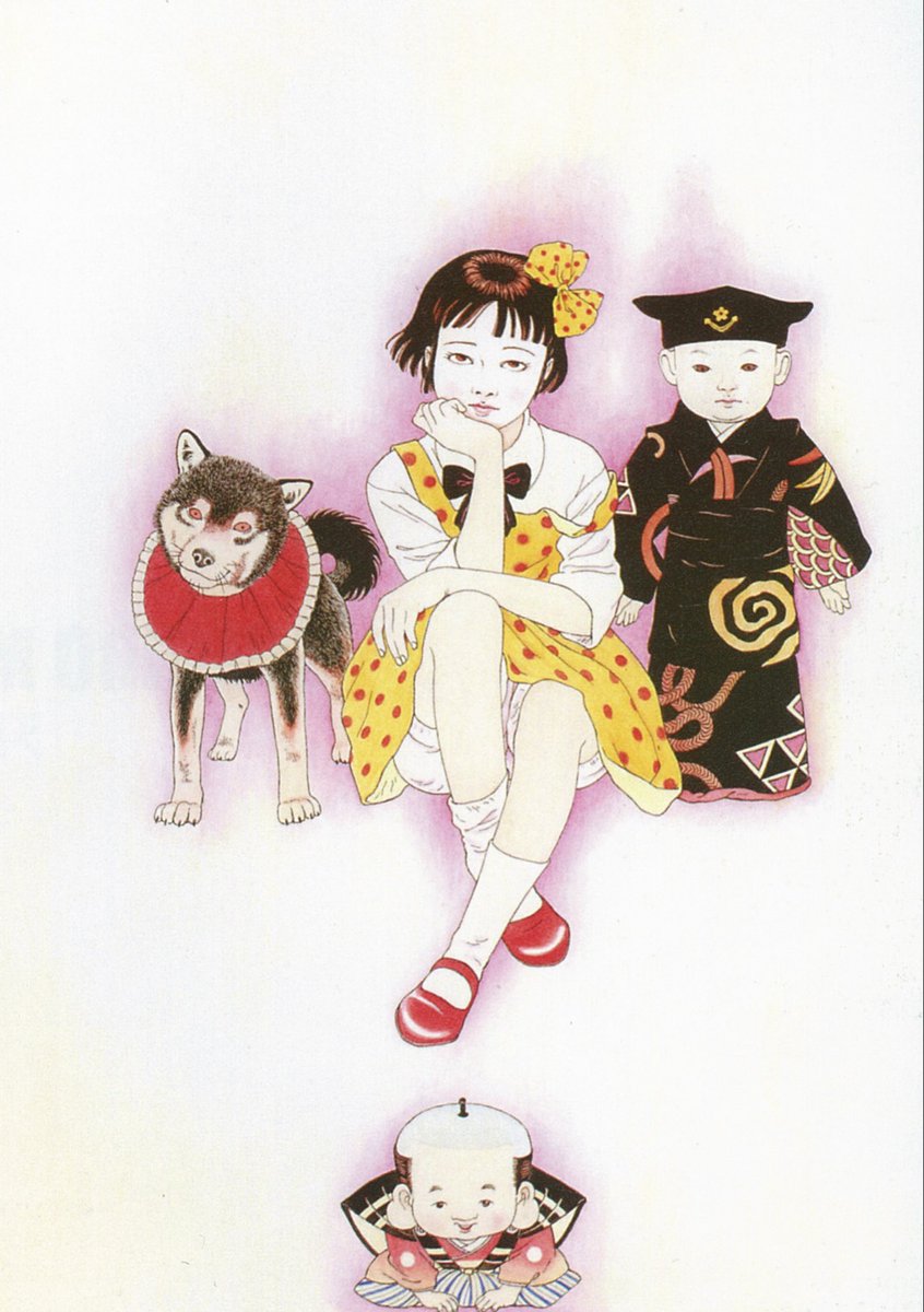 ken29716939's tweet photo. 少女椿/作:丸尾末広(2009年)

[解説]｢少女椿｣は｢漫画ピラニア｣(1981年8月号)に掲載された読切作品｢哀切秘話 少女椿｣を経て､官能劇画誌｢漫画エロス｣(1983年8月号〜1984年7月号)において全8話が連載された｡後にアニメや実写版として展開された同作品は丸尾末広の代表作として今もなお根強い人気を誇っている｡ちなみに筋肉少女帯の大槻ケンヂは｢少女椿｣の主人公である｢みどりちゃん｣をモデルに｢何処へでも行ける切手｣という楽曲の歌詞を書き､そこから更に同曲の歌詞に出てくる少女は｢新世紀エヴァンゲリオン｣の｢綾波レイ｣のキャラクター･デザインに影響を与えたのであった