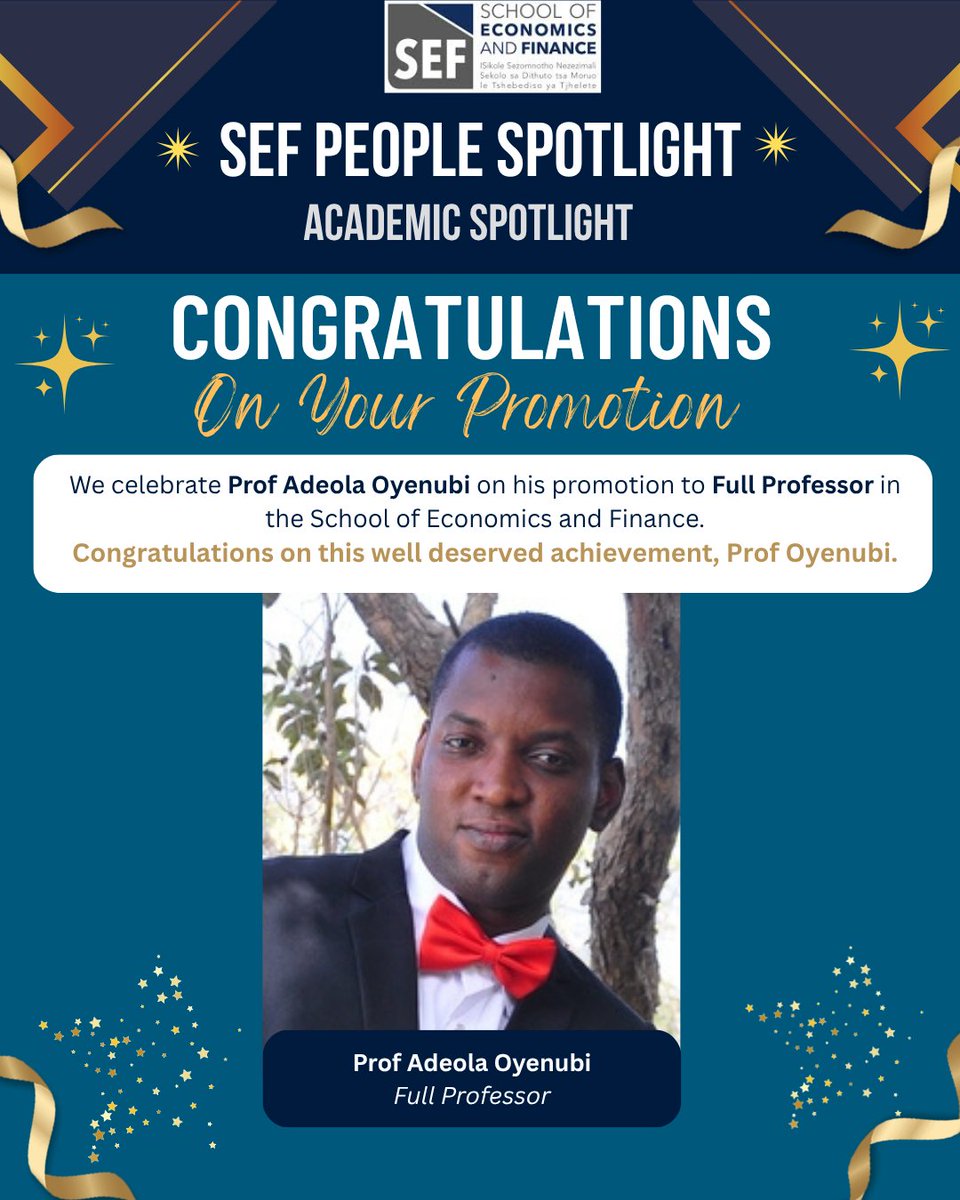 wits_sef's tweet photo. #SEFPeopleSpotlight 🌟
Join us in celebrating a remarkable milestone for one of our distinguished academic staff members, Prof Oyenubi, on his promotion to Full Professor.
Congratulations Prof Oyenubi on this significant accomplishment. 🎉
#WitsSEF #WitsForGood #FullProfessor https://t.co/A5sp0kw6iT