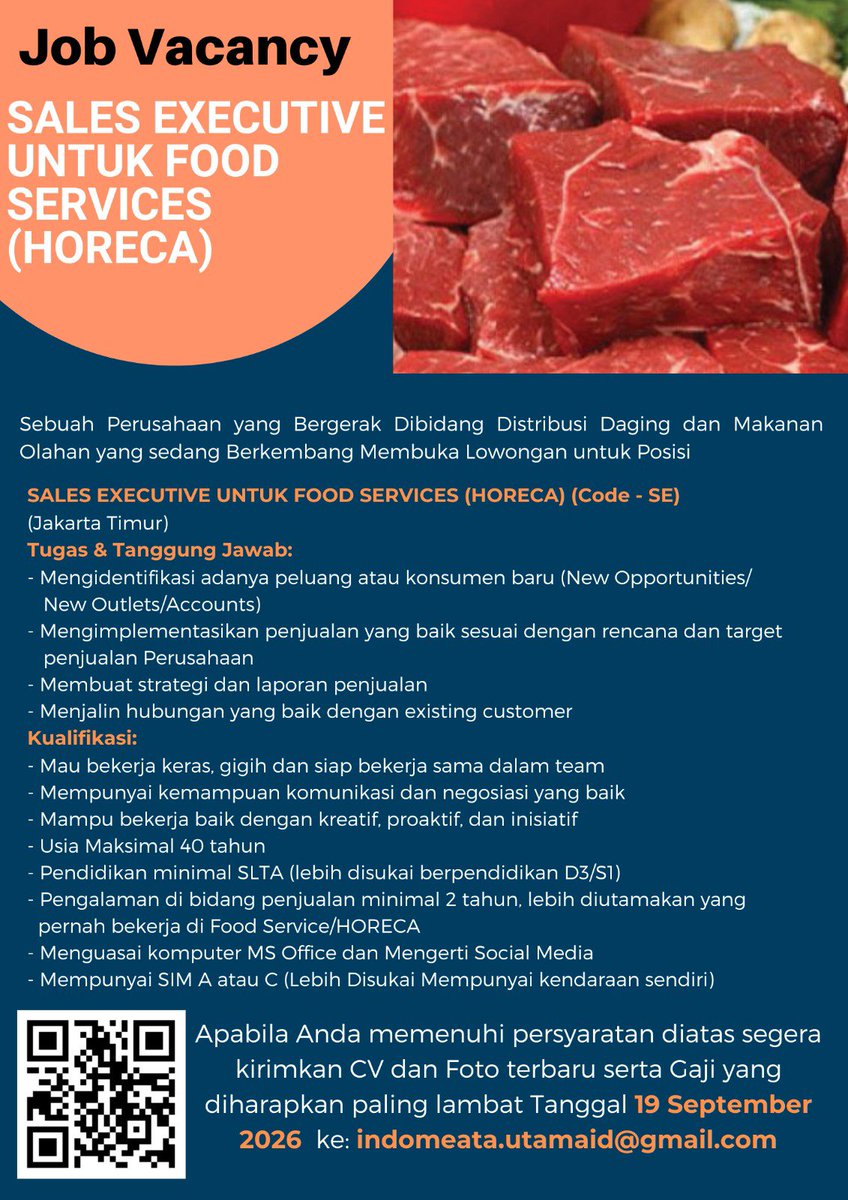 ptindomeataid's tweet photo. #Loker #JobVacancy #SalesExecutive #Sales #SalesTeam #HORECA https://t.co/crJ8e9vo1P