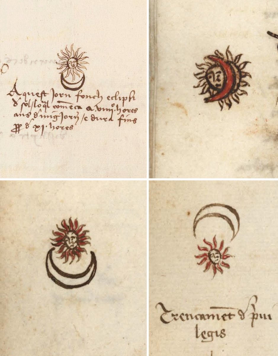 efemarq's tweet photo. A la Catalunya del segle XV hi havia un home que dibuixava eclipsis de Sol i altres fenòmens astronòmics: es deia Jaume Safont i era l'escrivà del "Dietari" de la Generalitat. Això és un recull dels seus dibuixets, on provava diferents maneres de tapar el Sol amb la Lluna. Fil 🌞 https://t.co/WN0k6h8Ona