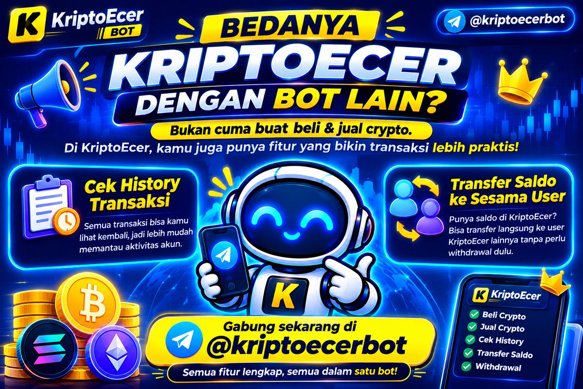 kriptoecerbot's tweet photo. Beli &amp; jual crypto bukan satu-satunya fitur di KriptoEcer.

Kamu juga bisa:
-Cek history transaksi
-Transfer saldo ke sesama user
-Beli &amp; jual crypto
-Withdrawal saldo

yuk buruan transaksi eceran! https://t.co/cAXKP18Pmn