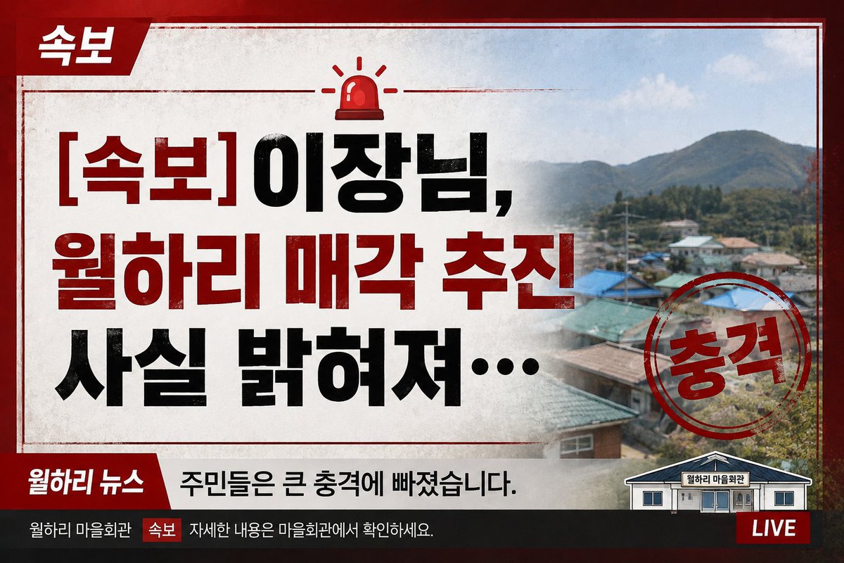 wolhari_news's tweet photo. 🚨 월하리 속보

이장님의 행방을 확인하는 과정에서
월하리 매각 추진 정황이 포착되었습니다.

주민 여러분께서는 당황하지 마시고
자세한 내용은 아래 이미지를 확인해 주세요.

※ 현재까지 확인된 내용이며, 추가 소식이 들어오는 대로 알려드리겠습니다. https://t.co/JsIeuQSpNn