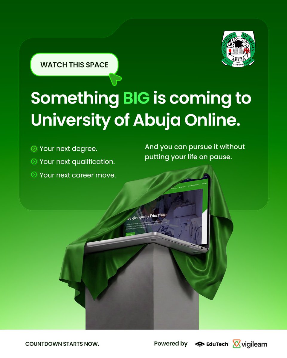 edutechbusiness's tweet photo. Something is about to change the way you think about going back to school.

No long commutes. No putting your career on hold. No waiting for the “right time.”

University of Abuja Online is coming.

And trust us, you want to see this.
The countdown has begun.

#UniversityOfAbuja https://t.co/tbKGkqzmBl