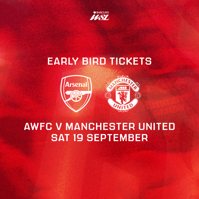 ArsenalWFC's tweet photo. Emirates Stadium awaits 🏟️

Early bird tickets for our @BarclaysWSL clash against Manchester United are now on sale 🎟️

Secure your spot 👇