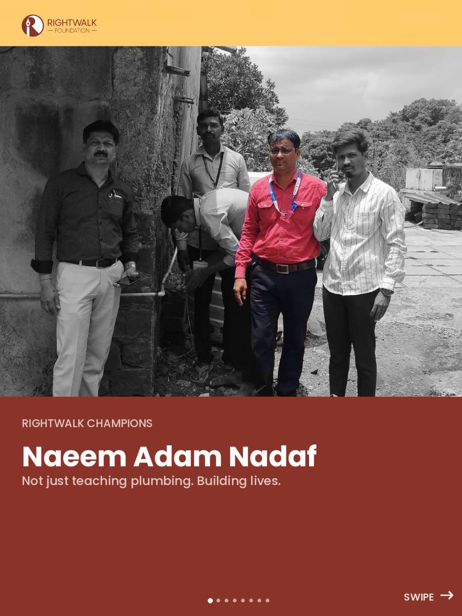 RightWalkIndia's tweet photo. On 15 May 2025, at Panhala Fort, in Kolhapur, Maharashtra a plumbing instructor spent his day going door to door, fixing water leaks and servicing meters for free. No fee, no fuss, just a teacher showing his students what service looks like in practice.

Meet Naeem Adam Nadaf, our latest RightWalk Champion. He teaches the Plumbing trade at Veer Shiva Kashid Government ITI, Panhala, and has spent eleven years turning a technical trade into a lesson in dignity and self-reliance.

His work with water goes back years. A rainwater harvesting filter in 2016. A "Pit System" project in 2019 that helped save around 1.5 million litres of drinking water a year at ITI Solapur. Trenches built with the Aamir Khan Water Foundation that now hold over a lakh litres in rural areas.

But his real legacy is in his students. Of the 220-plus he has trained, 120 went into apprenticeships, over 100 work at established companies, and over 100 run their own plumbing businesses today. One now ranks second in Maharashtra and serves as a Plumber Technician with the state health department. Another is heading to Germany for an international plumbing role.

As he puts it: "A person who acquires skills can never remain unemployed, and when those skills are combined with social responsibility, they become a powerful force for positive social change."

Who is the teacher who shaped the way you see your own work?

#SkillIndia #inclusion #apprenticeships #ITI #SkillDevelopment #vikshitbharat #rightwalk