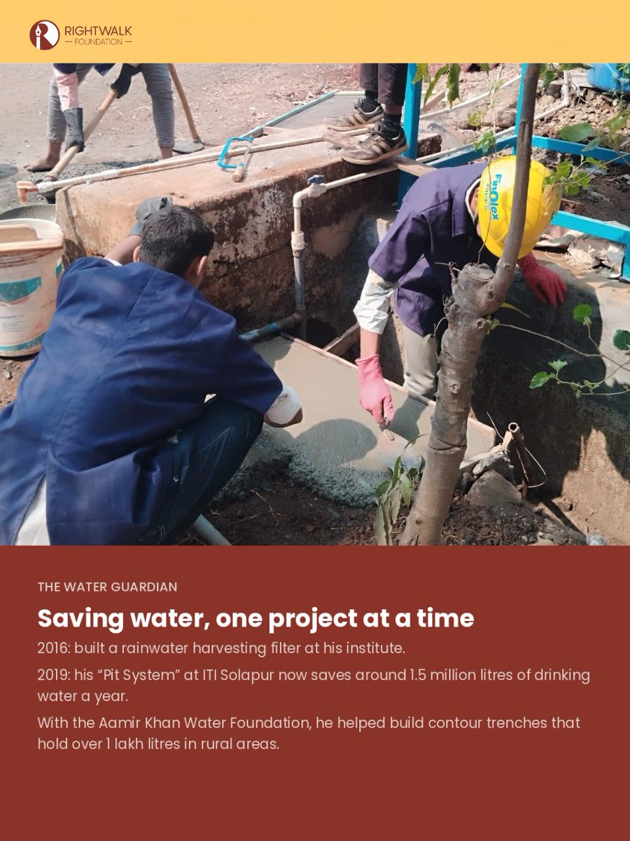 RightWalkIndia's tweet photo. On 15 May 2025, at Panhala Fort, in Kolhapur, Maharashtra a plumbing instructor spent his day going door to door, fixing water leaks and servicing meters for free. No fee, no fuss, just a teacher showing his students what service looks like in practice.

Meet Naeem Adam Nadaf, our latest RightWalk Champion. He teaches the Plumbing trade at Veer Shiva Kashid Government ITI, Panhala, and has spent eleven years turning a technical trade into a lesson in dignity and self-reliance.

His work with water goes back years. A rainwater harvesting filter in 2016. A "Pit System" project in 2019 that helped save around 1.5 million litres of drinking water a year at ITI Solapur. Trenches built with the Aamir Khan Water Foundation that now hold over a lakh litres in rural areas.

But his real legacy is in his students. Of the 220-plus he has trained, 120 went into apprenticeships, over 100 work at established companies, and over 100 run their own plumbing businesses today. One now ranks second in Maharashtra and serves as a Plumber Technician with the state health department. Another is heading to Germany for an international plumbing role.

As he puts it: "A person who acquires skills can never remain unemployed, and when those skills are combined with social responsibility, they become a powerful force for positive social change."

Who is the teacher who shaped the way you see your own work?

#SkillIndia #inclusion #apprenticeships #ITI #SkillDevelopment #vikshitbharat #rightwalk