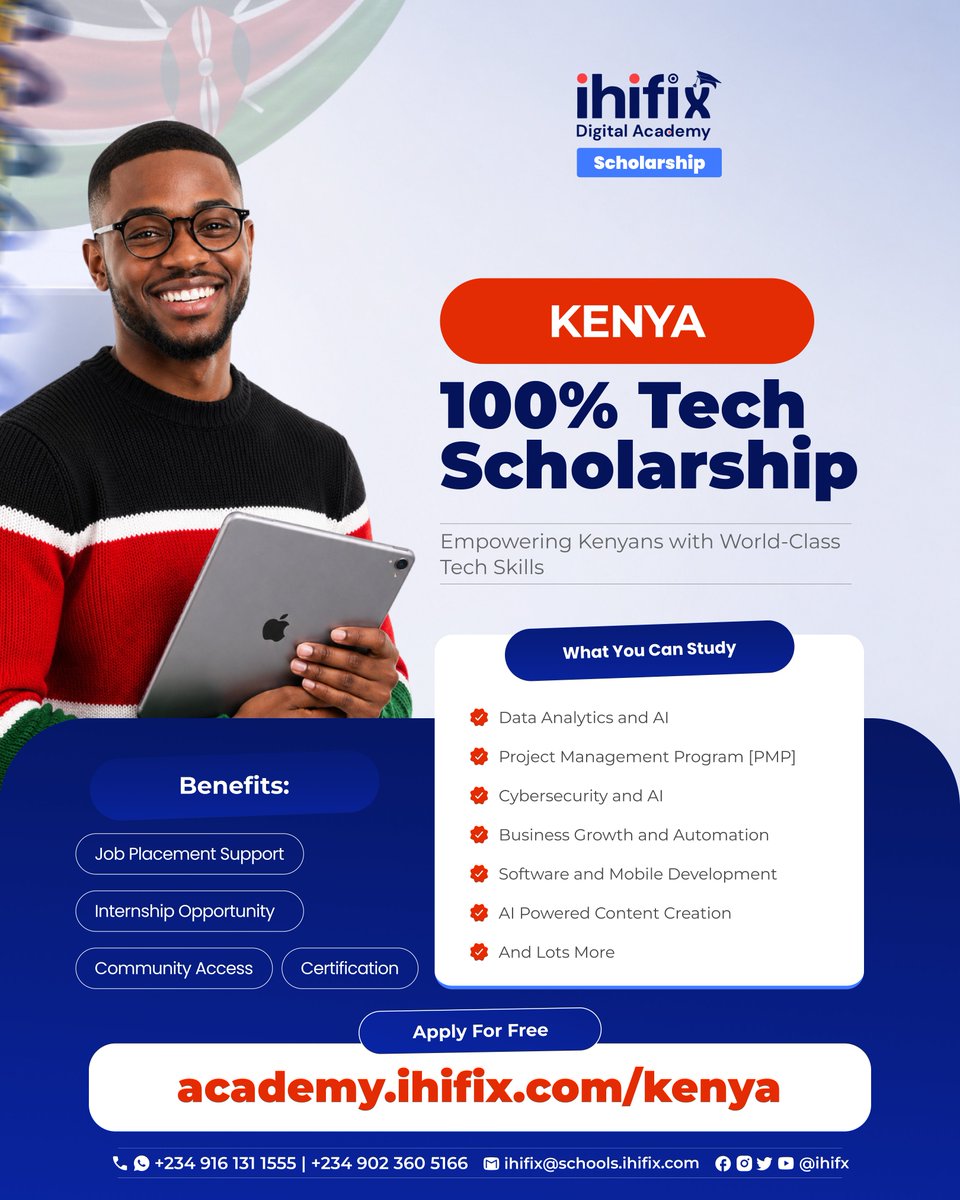 ihifix's tweet photo. Jambo, Kenya!

Africa’s tech revolution is here. Get the Tech and AI skills to stop watching and start building.

Ihifix Digital Academy Scholarship: 100% tuition.

Apply: https://t.co/CKNTZrjPgN

#IhifixDigitalAcademy #KenyaTech #AfricanTech https://t.co/Q8Crf8qFeE
