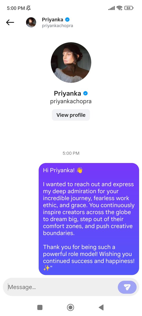 SaloniAwari's tweet photo. I picked DMing someone I admire—I reached out to Priyanka Chopra to share how much her work ethic, fearlessness, and creative journey inspire me!
Definitely stepped out of my comfort zone for this one. Here's the screenshot! @connectdoradao
#DoTheThingYouAvoid #GWYChallenge https://t.co/RAlqJOMfa1