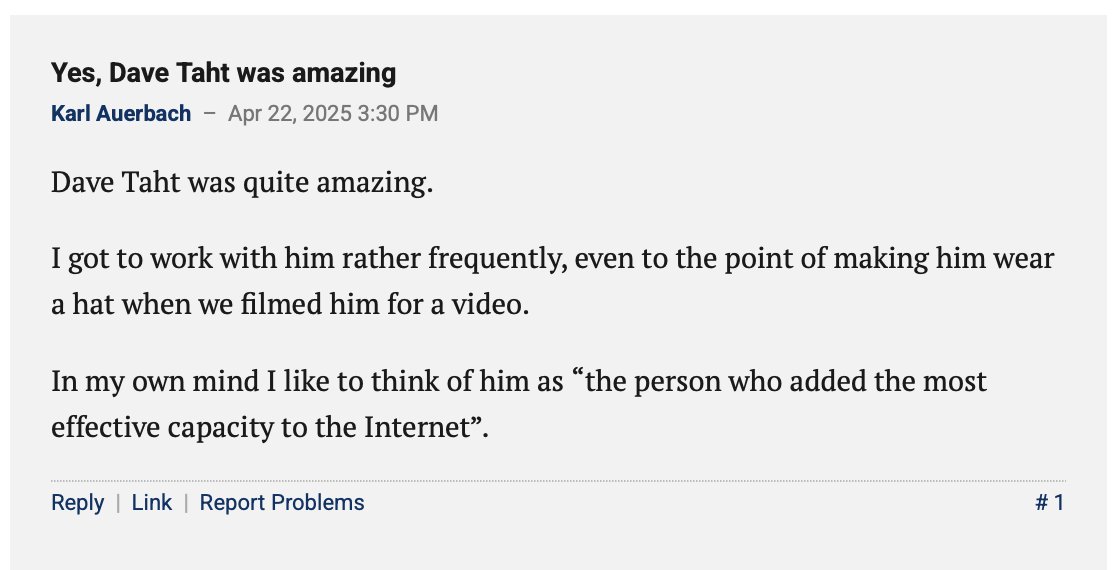 FBorsik's tweet photo. #KarlAuerbach w/ @larrypress  via @CircleID : 

“In my own mind I like to think of him [#DaveTaht @mtaht]  as “the person who added the most effective capacity to the Internet.”

https://t.co/cN7QVCkWMJ

#bufferbloat #latency #jitter #FQ_CoDel #RFC8290 #sch_CAKE #BandwidthIsALIE https://t.co/MRmGB3iGhz