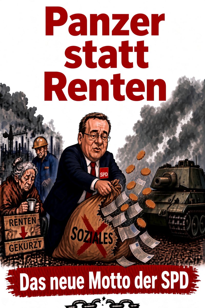 J_Todenhoefer's tweet photo. Der Missbrauch eurer Steuergelder wird immer dreister. Panzer-Pistorius versenkt gerade Milliarden in Kriegs-Technologien von vorgestern, während die abschlagsfreie „Rente mit 63“ nach 45 Beitragsjahren angeblich nicht mehr finanzierbar ist. Nach dem neuen Motto der SPD: „Panzer statt Renten!“ Die SPD war einmal eine stolze, sozial gerechte Friedenspartei. Doch das ist lange her. Heute streicht sie Gelder für wichtige soziale Projekte zusammen und verschwendet sie für antiquierte Tötungsmaschinen wie Panzer, die dann in der Lage sein sollen, hunderttausende junge deutsche Soldaten tief in feindliches Land zu transportieren. Nach Russland? 

Die vernichtende Kritik des Präsidenten des Kieler Instituts für Weltwirtschaft, Moritz Schularick, an der Investitionsstrategie von Pistorius ist eher noch zu milde. Wie viel blutige Kriege soll Deutschland noch verlieren, bis Leute wie Pistorius kapieren, dass ihre Aufgabe Frieden ist und nicht Krieg. Und dass Deutschland zwar verteidigungsfähig, aber nicht angriffsfähig sein muss, wie Panzer-Pistorius offensichtlich meint. Dieser Dilettant hat noch nie einen Krieg an der Front erlebt. Als Wehrdienstleistender war er gerade einmal Fahrer seines Kommandeurs. Dieser Mann der Rüstungsindustrie ist eine Riesengefahr für den Frieden unseres Landes. Die großen SPD-Kanzler Willy Brandt und Helmut Schmidt hätten Panzer-Pistorius wegen seiner schlimmen Kriegsrhetorik und seiner auf Konfrontation ausgerichteten "Sicherheits-Politik" längst aus der Partei geworfen.