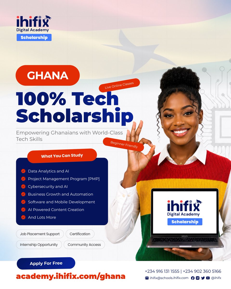 ihifix's tweet photo. Akwaaba, Ghana!

Africa’s tech opportunities are growing, and the world is paying attention. Get the Tech and AI skills to build, compete and create at scale.

Ihifix Digital Academy Scholarship: 100% tuition.

Apply: https://t.co/bfqCGKx28O

#IhifixDigitalAcademy #GhanaTech https://t.co/T1fBNUziFu