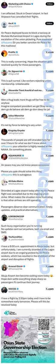 TrendingEx's tweet photo. Air Peace is trending because the Labour Union has grounded its flights and locked departure entrance at Abuja Airport and Lagos.

Aviation union is saying Air Peace owes ₦25bn statutory dues and is restricting staff from unionising. Interestingly, Air Peace staff are also protesting against the aviation union’s protest. 

Apparently, they too blocked the runway with air peace buses to shutdown all movements.

To emphasize that the union does not represent their position of interest.  

Because for 12yrs since Air Peace’s inception, they’ve always been involved decision making, they’re never owed, and have good welfare including HMO.

More importantly, Section 40 of the 1999 constitution, guarantees their freedom of association. Therefore, the Aviation union is trying to create a rift between them and their employers.

The statutory due owed by Air Peace is a 5% ticket sales charge meant for aviation agencies, which the union alleges the airline has failed to remit despite charging passengers for it. The outstanding amount has now accrued to ₦25 billion.

This standoff has left travellers stranded in both Lagos and Abuja. All flight scheduled from 6:30am have been delayed, with a ripple effect felt across other airports, particularly Owerri.

As of now, contrary to the airline’s statement, they are yet to provide useful updates to passengers, who remain stranded as at time of this report. 

Follow @TrendingEx for daily explanations! Also, Monitor the Osun election results live in realtime across polling units and collation centres on https://t.co/1jqs7eUmth Upload, snap or watch results in real time. @CitizenMonitors || app: https://t.co/mxV0vLJqkn