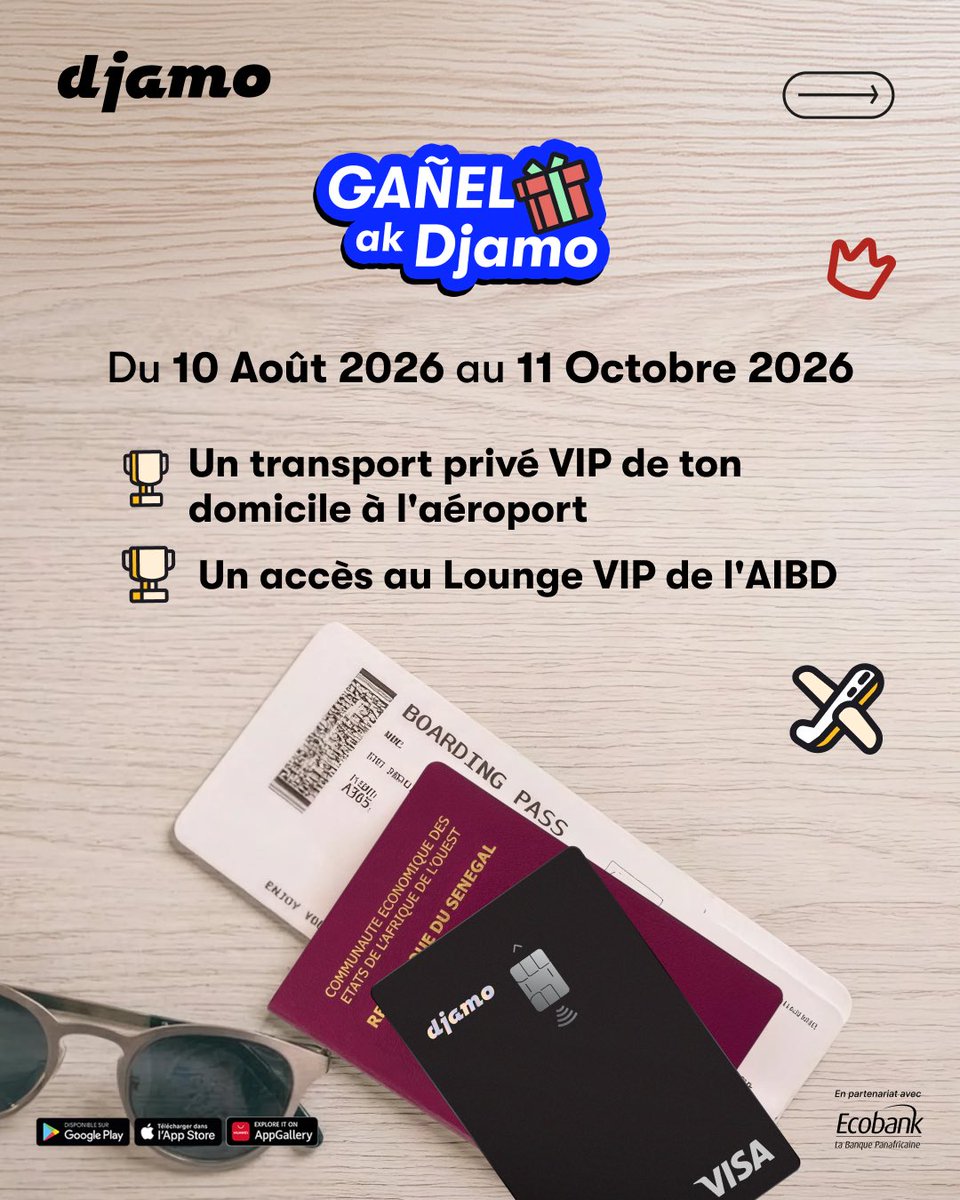 djamoSN's tweet photo. Du 10 août au 11 octobre, chaque paiement réalisé avec ta carte Djamo te donne une chance de gagner : 

🚕 Un transport privé VIP de ton domicile à l’aéroport 
👑 Un accès au Lounge VIP de l’AIBD https://t.co/NWx5z79UFf