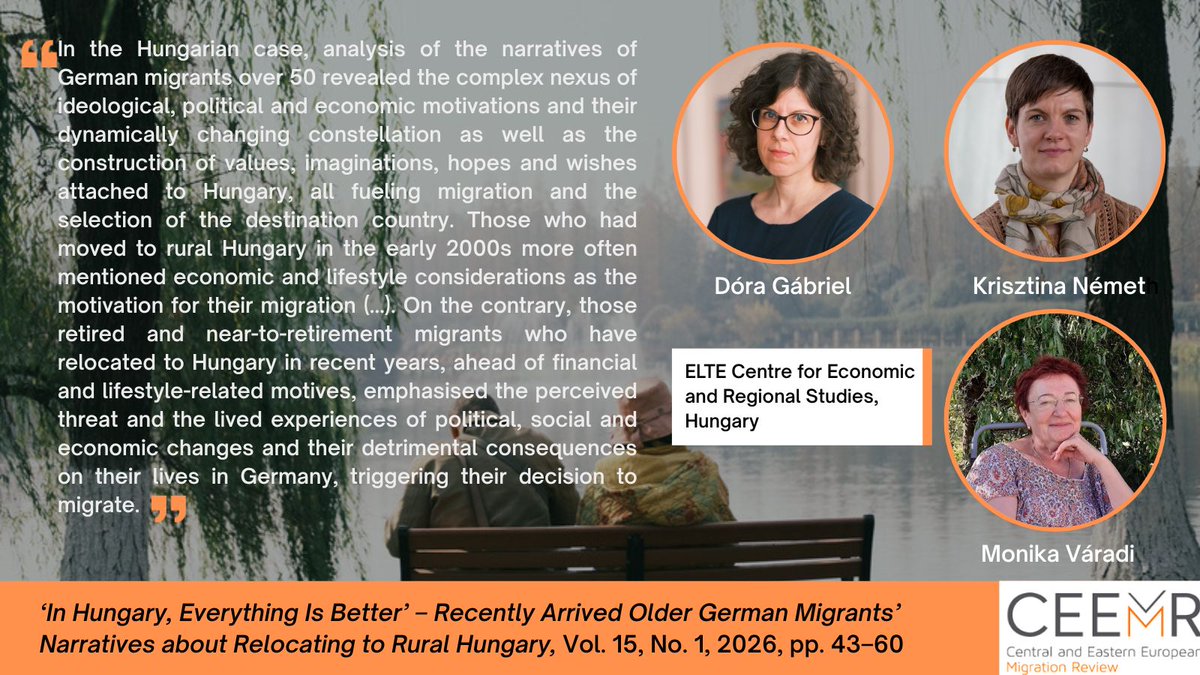 CEEMigrationRev's tweet photo. Dóra Gábriel, Krisztina Németh and Monika Váradi present how German migrantsover 50 explain their decisions to relocate to Hungaryand demonstrate the complex and changing nexus of economic, lifestyle-oriented, political and ideological motivations shaping their returns. https://t.co/TnuhUPT6Rs