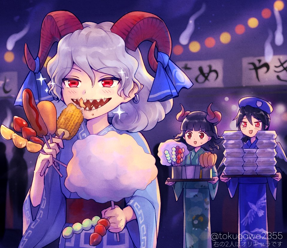 tokugawa2355's tweet photo. 夏祭りの饕餮様（と荷物持ちのヒツジ霊とオオワシ霊） https://t.co/5E7OJirHVW