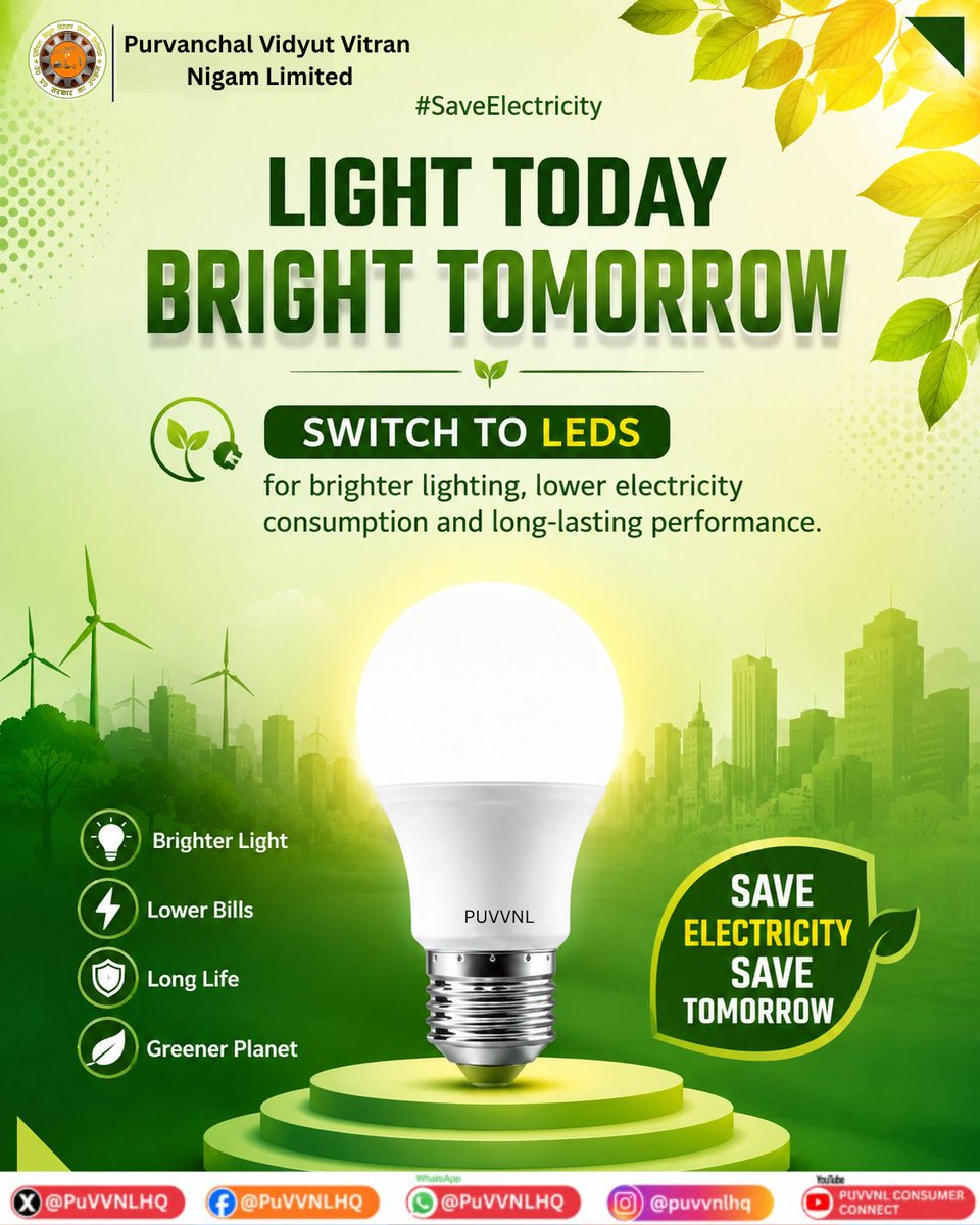 PuVVNLHQ's tweet photo. Upgrade to LED lighting for reliable brightness and lower electricity consumption. It's a simple step that helps reduce electricity bills while promoting responsible energy use. #UPPCL #SwitchToLED #EnergyEfficiency #SaveElectricity
@aksharmaBharat @EMofficeUP
@ChairmanUppcl @CMOfficeUP
@ChiefSecyUP @UPPCLLKO
@DTPuvvnl
