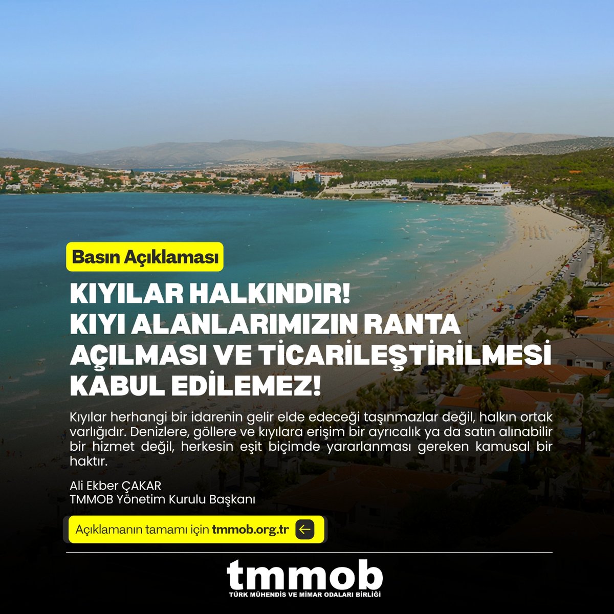 TMMOB1954's tweet photo. TMMOB Yönetim Kurulu Başkanı Ali Ekber ÇAKAR, 11 Ağustos 2026 tarihinde "Kıyılar Halkındır! Kıyı Alanlarımızın Ranta Açılması ve Ticarileştirilmesi Kabul Edilemez!" başlıklı bir basın açıklaması yaptı.

https://t.co/tkfflacyQO https://t.co/T2CfoqJ6HI
