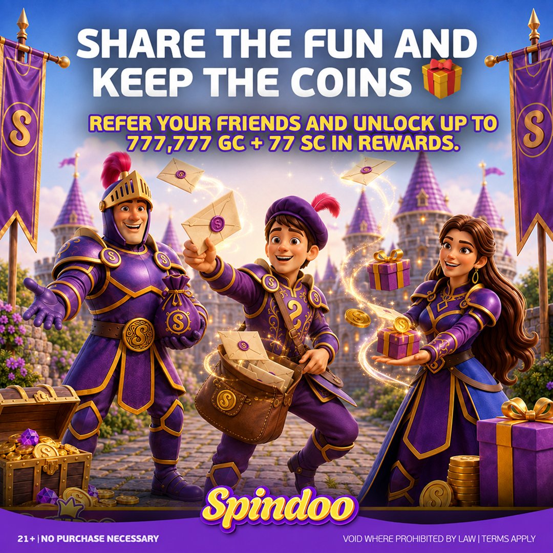 Spindoo_us's tweet photo. Refer your friends to Spindoo and unlock up to 777,777 GC + 77 FREE SC in rewards.
Share the post, bring your friends, and keep the coins coming.
#Spindoo #ReferAFriend #ShareTheFun #KeepTheCoins #FreeSC #GoldCoins #SweepstakesCasino https://t.co/GCthRtvsBH