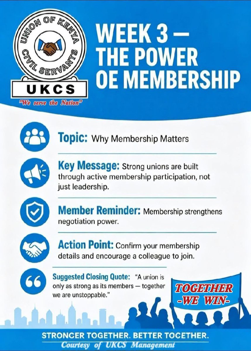 union_kenya's tweet photo. ✊🏾 COMRADES, POWER! ✊🏾
We are back for WEEK THREE of our Education Series — “MEMBERSHIP STRENGTHENS US.”
Knowledge is power. An informed worker is an empowered worker! 💪🏾
📚 Let us learn.
🤝🏾 Let us unite.
✊🏾 Let us empower one another.
🔥 Together, we are stronger!
 #Solidarity https://t.co/2BH3ptMmuw