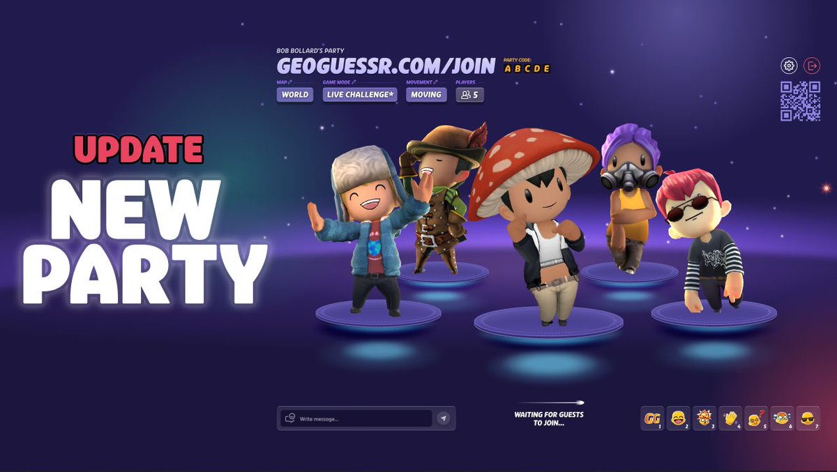 geoguessr's tweet photo. 💅 Party Mode is getting a major glow up!

What’s new:
👉 Brand new Party lobby & UI
👉 Improved game setup & customization
👉 Spectate ongoing Duels if you join late
👉 Improved player management
👉 Improved chat that follows you in-game
👉 Reset win counters
👉 Game Master Mode → Presenter Mode

📅 Coming Aug 12th
🌐 Web first, Apps & Steam to follow
🎉 Subscribers can host, anyone can join for free!