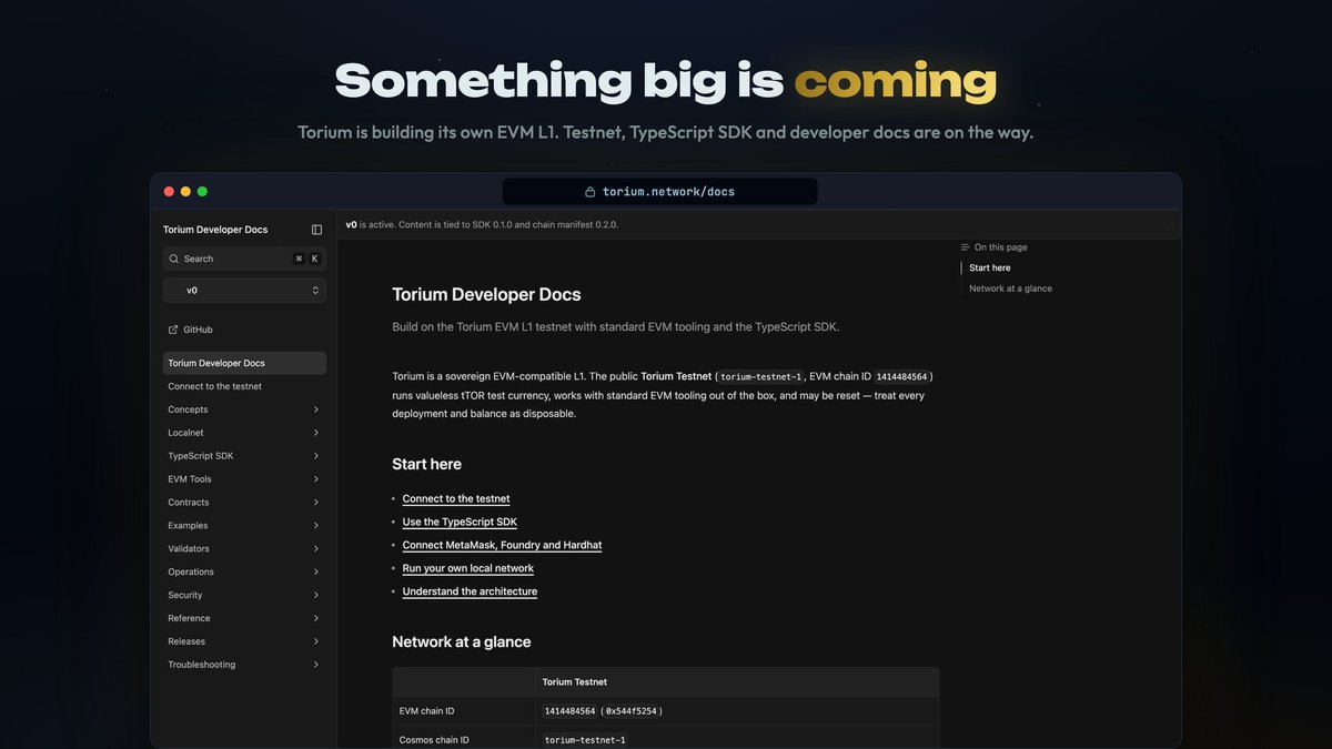 NMuhammad28980's tweet photo. We weren't just talking 👀

*clears throat*

First look at the Torium Developer Docs: our own EVM L1, public testnet, TypeScript SDK, and MetaMask, Foundry and Hardhat support. https://t.co/C4AGjWAUOU