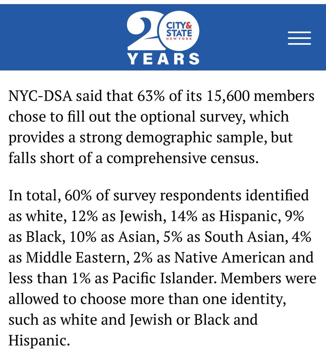 JCColtin's tweet photo. NYC-DSA’a membership is about 60% white, 14% Hispanic and 9% Black, per internal survey data first reported by @PeterSterne: https://t.co/BCtjvGY6pc