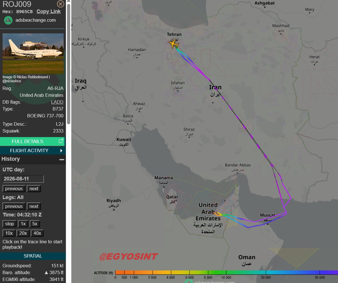 EGYOSINT's tweet photo. 🇦🇪🇮🇷 Another UAE royal fleet Boeing 737 aircraft A6-RJA flew from Abu Dhabi to Tehran today.

More UAE cash heading to Iran, or is a senior Emirati official paying a visit?

Worth noting that a similar flight was tracked in June involving another UAE VIP Boeing 737 [A6-RJF]. https://t.co/ZruGHaFUwn