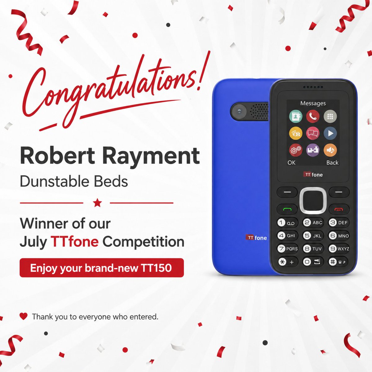 WeAreTTfone's tweet photo. Congratulations to Robert Rayment from Dunstable Beds on winning our July TTfone Competition!

We hope you enjoy your brand-new TT150. Thank you to everyone who entered, and stay tuned for more exciting TTfone giveaways!

Click to enter now - https://t.co/ii1iAEVzSo https://t.co/RgaDIlFBWA