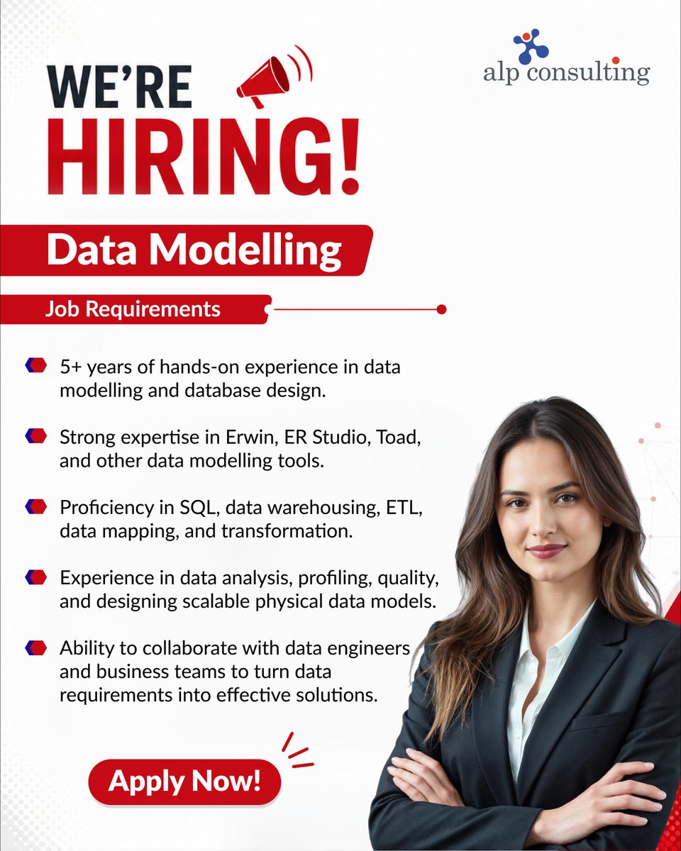 Alp_Corporate's tweet photo. Send in your application at careers@alpconsulting.in if you fit the criteria.
#DataModelling #DataModeling #DataArchitect #DataEngineer #DataArchitecture #DatabaseDesign #SQL #DataWarehousing #ETL #DataAnalytics #DataEngineering #DataManagement #DataQuality https://t.co/79lbnHOpVi