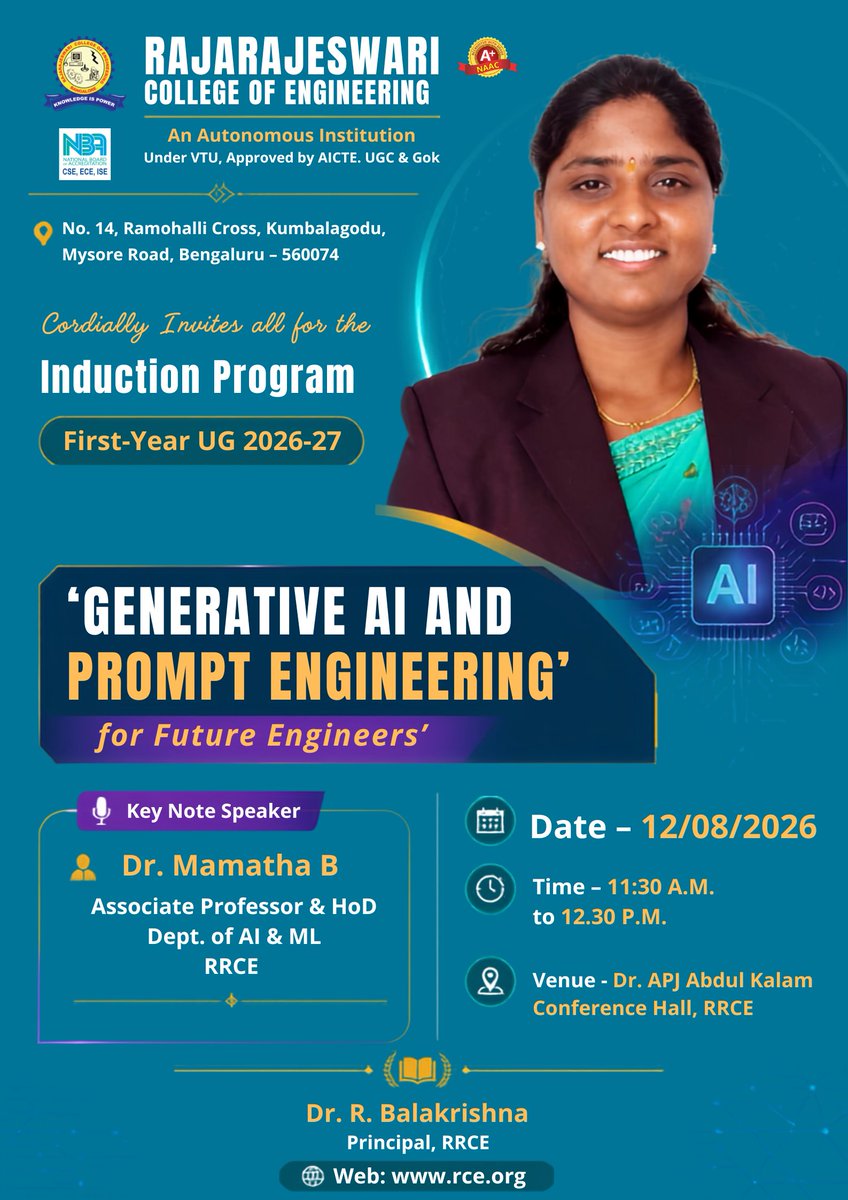 rrceblr's tweet photo. 🤖🎓 #RRCE #FirstYearUG #InductionProgram2026 | Session on #GenerativeAI &amp; #PromptEngineering led by Dr. Mamatha B, empowering students with AI skills, creativity &amp; innovation for the future. 🚀💡 #RRCE #AIandML #FutureEngineers #DigitalSkills #Innovation https://t.co/n2tDddO1SW