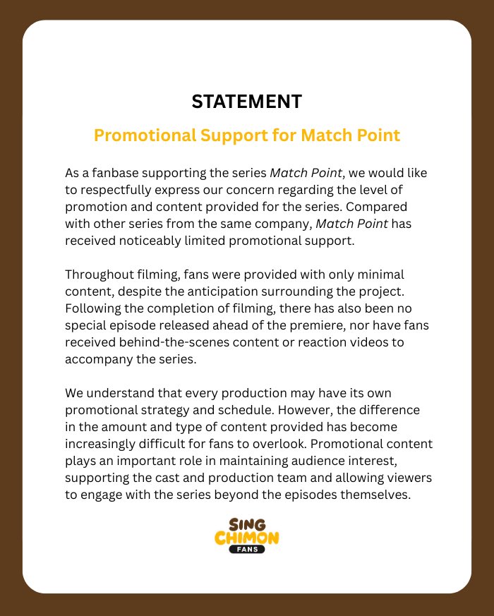 SingChimonFans's tweet photo. We would like to share a statement regarding the promotion and support of ‘Match Point’ and the content provided to fans. Please take a moment to read the full statement below

#MatchPointSeries
#SingChimon https://t.co/tH2nf4cllb
