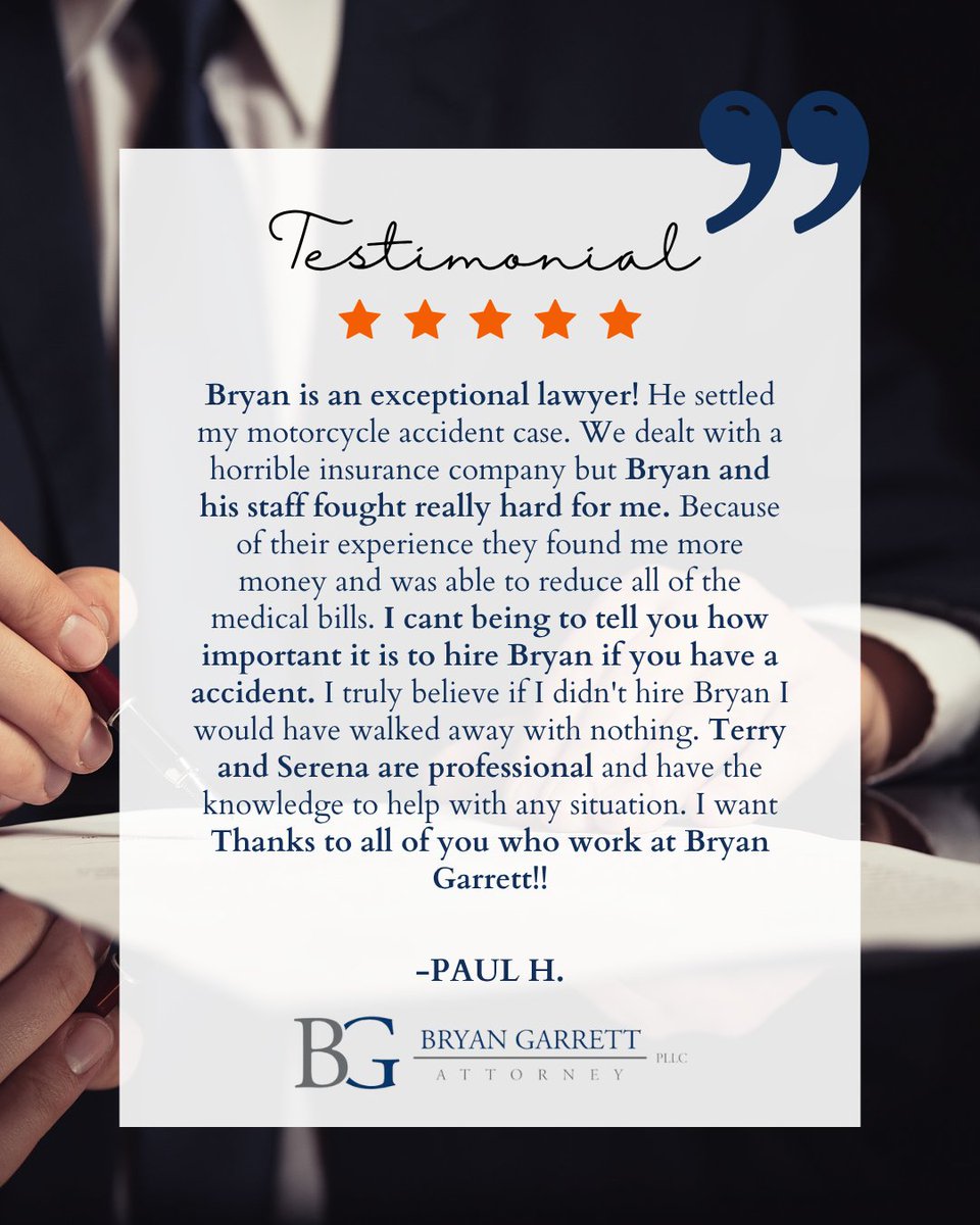 bgarrettpllc's tweet photo. Client Review ⭐️⭐️⭐️⭐️⭐️

We're proud to fight for motorcycle accident victims, maximize compensation, and help reduce medical bills. Thank you for trusting our team to stand up to the insurance company and deliver results.

#ClientReview #MotorcycleLawyer #PersonalInjury https://t.co/1P959yJYwx